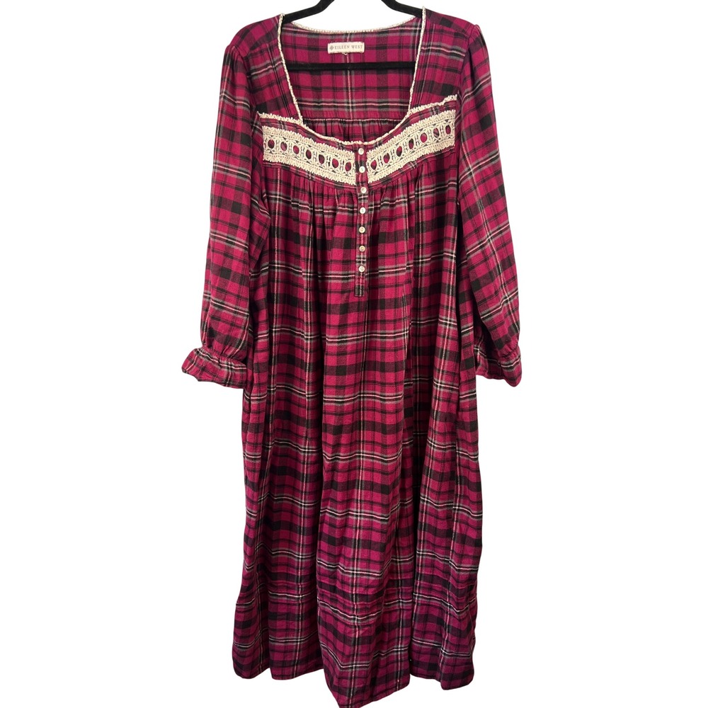 Eileen West Berry Red Plaid Flannel Long Sleeve Nightgown SzL